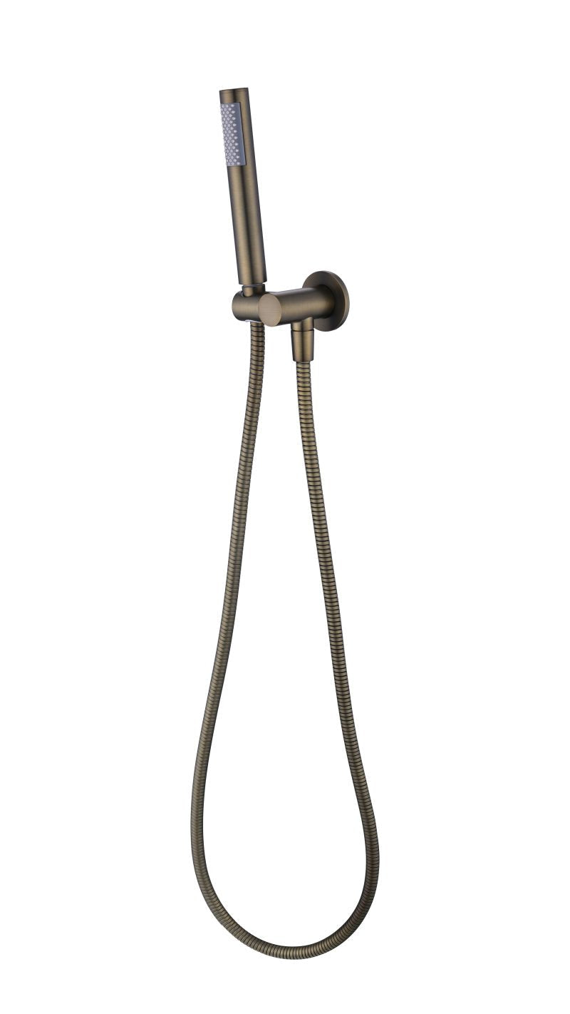 Bronze shower head with flexible hose on a white background