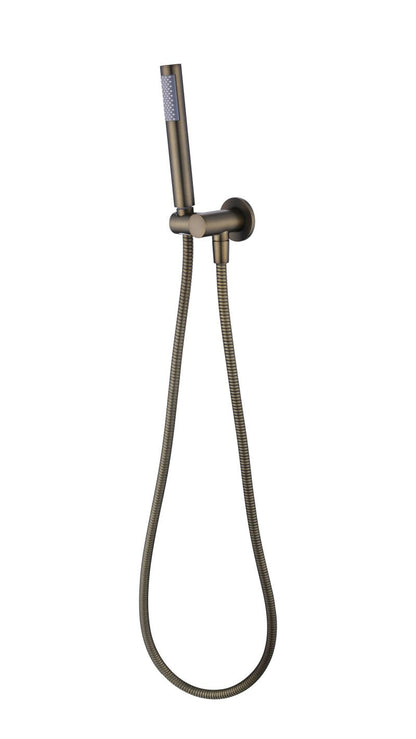 Bronze shower head with flexible hose on a white background