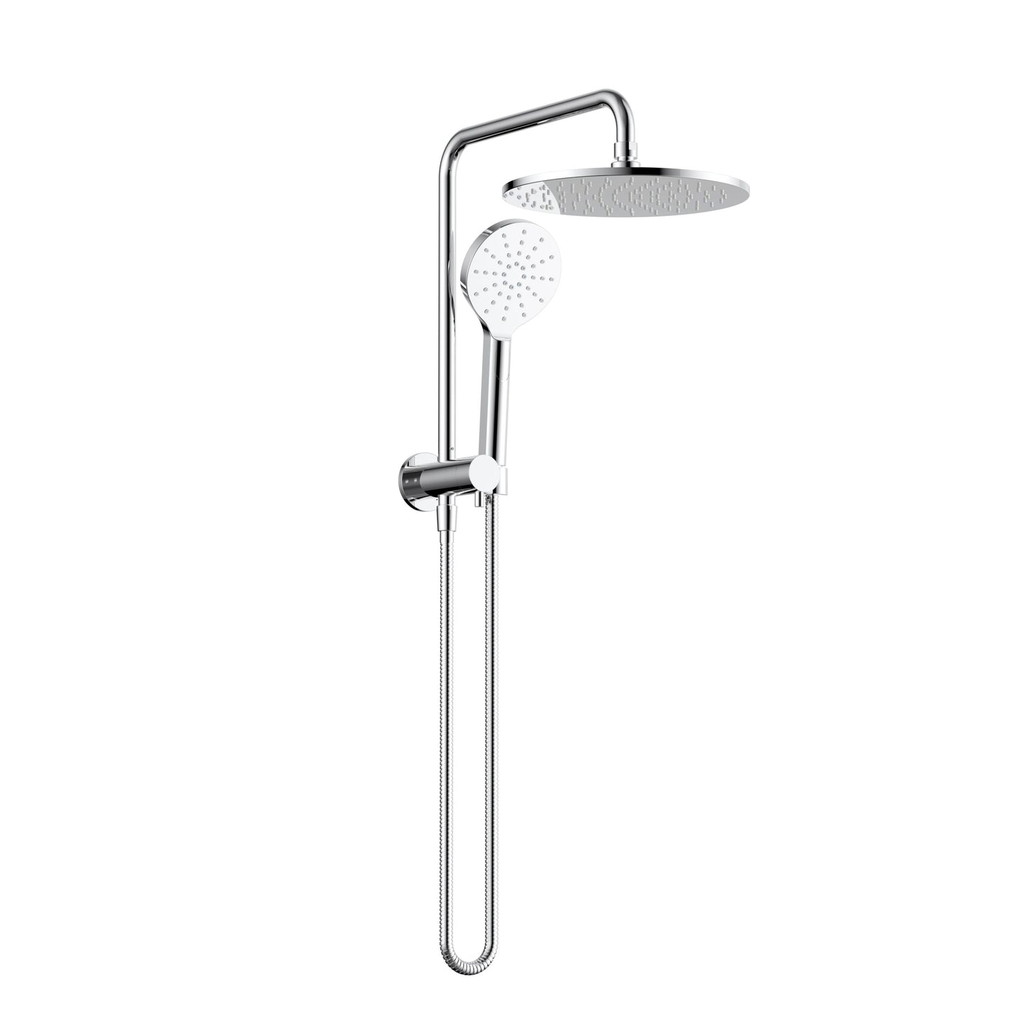 Chrome shower head with handheld shower on a white background