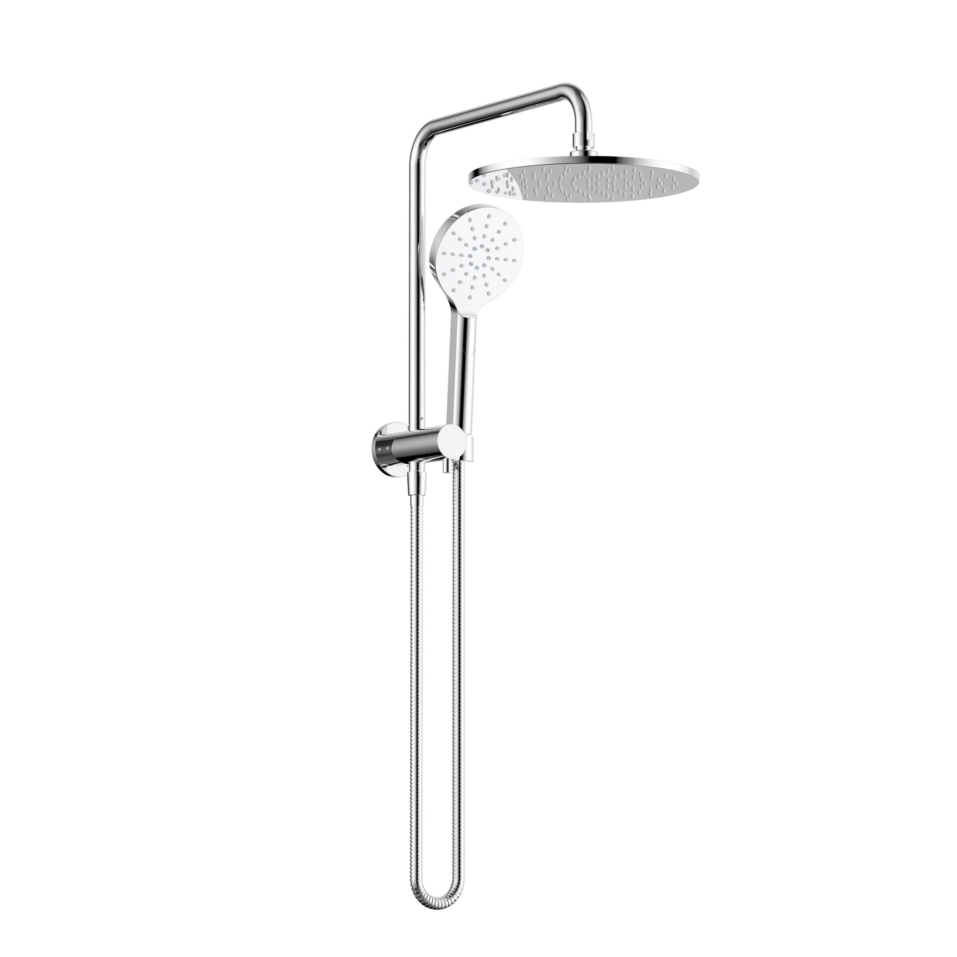 Chrome shower head with handheld shower on a white background