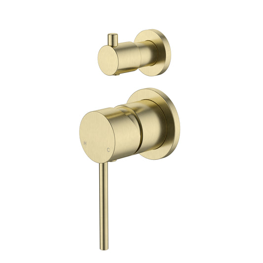 Gold bathroom faucet and handle set on a white background