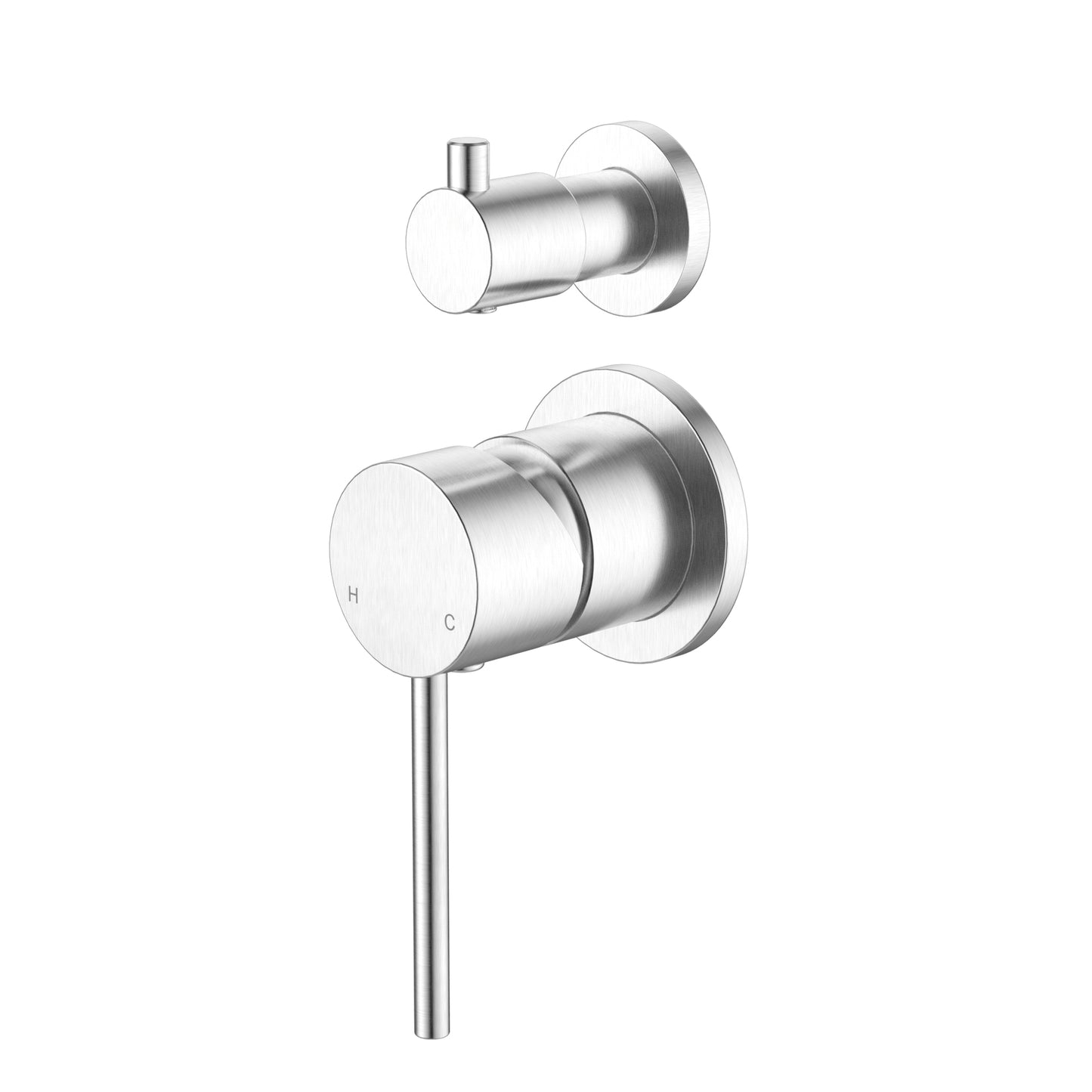 Chrome shower control valve set on a white background