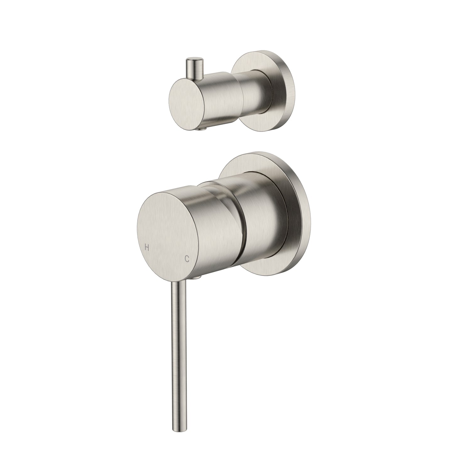 Stainless steel shower control panel on a white background